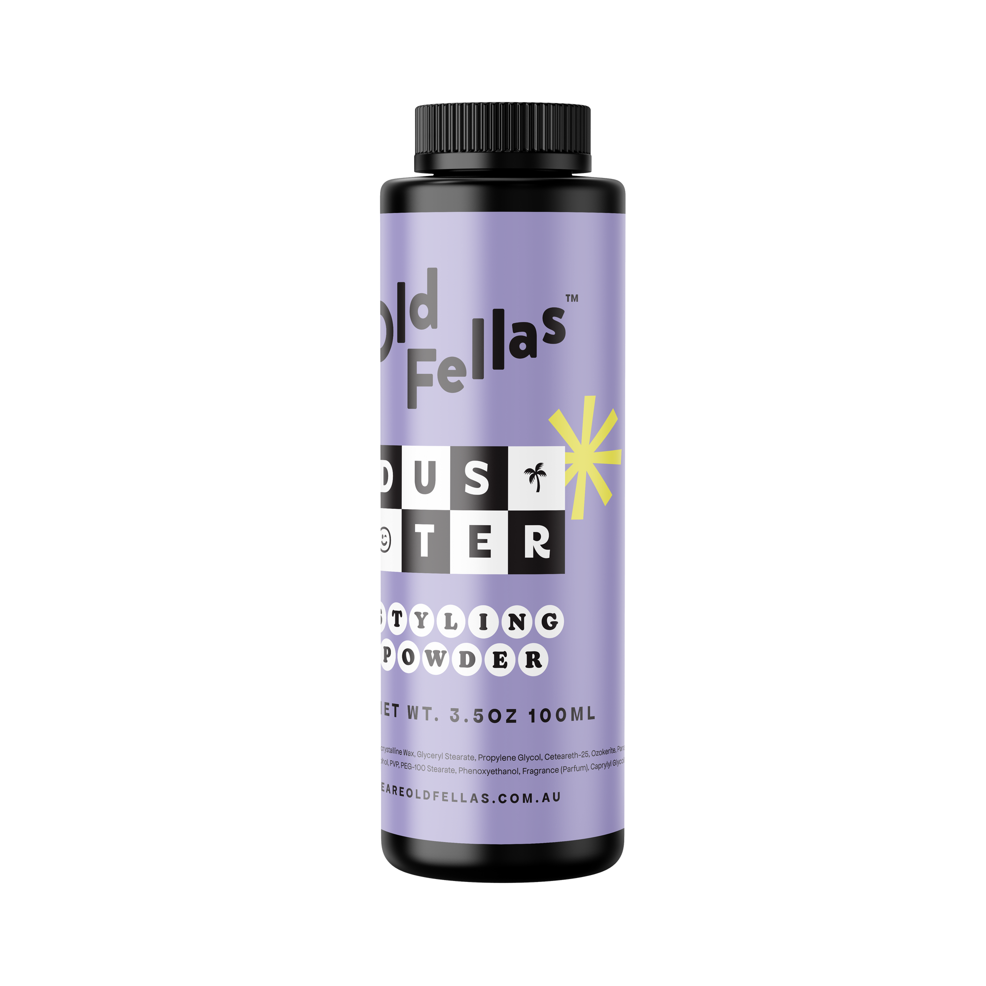 Stylish and functional purple bottle containing Duster lightweight styling powder, offering a refreshing scent, easy application, and long-lasting hold for all hair types, perfect for achieving textured and voluminous hairstyles.