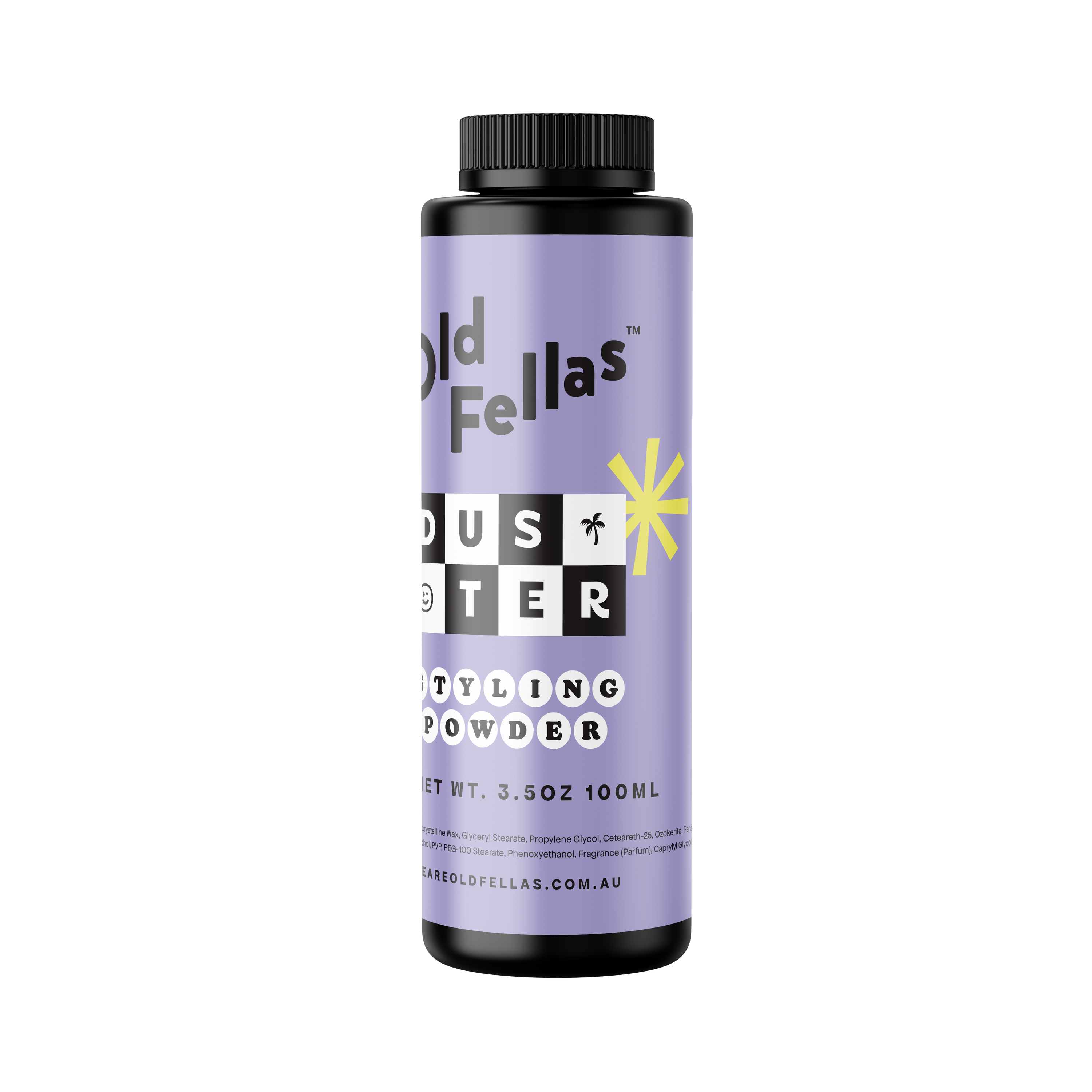 Stylish and functional purple bottle containing Duster lightweight styling powder, offering a refreshing scent, easy application, and long-lasting hold for all hair types, perfect for achieving textured and voluminous hairstyles.